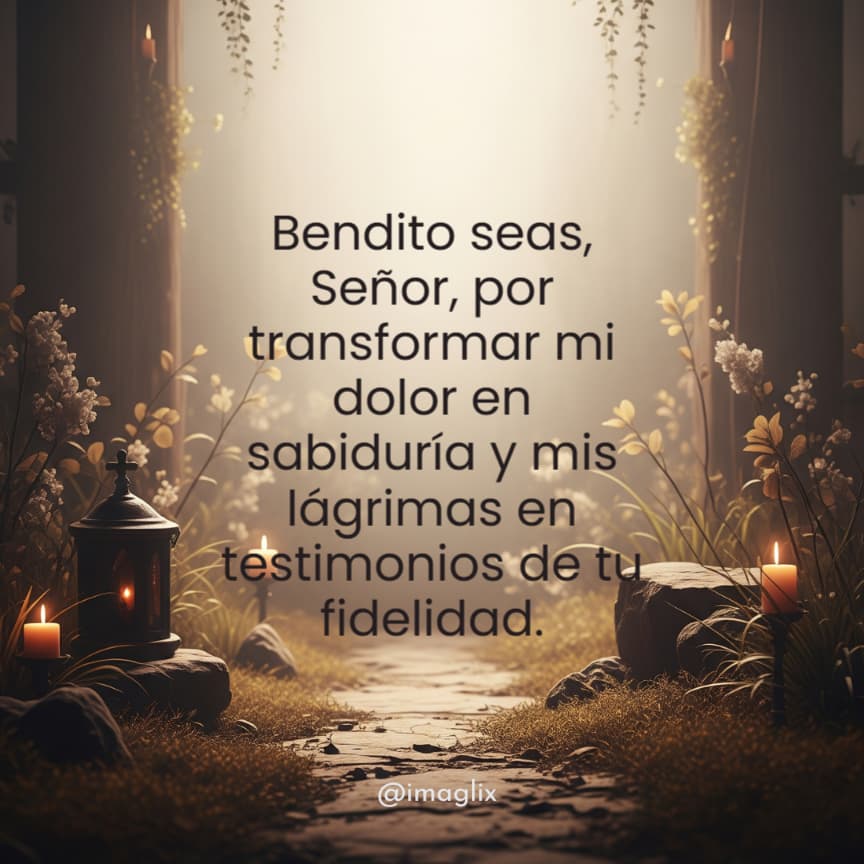Frases de agradecimiento a Dios: Bendito seas, Señor, por transformar mi dolor en sabiduría y mis lágrimas en testimonios de tu fidelidad.
