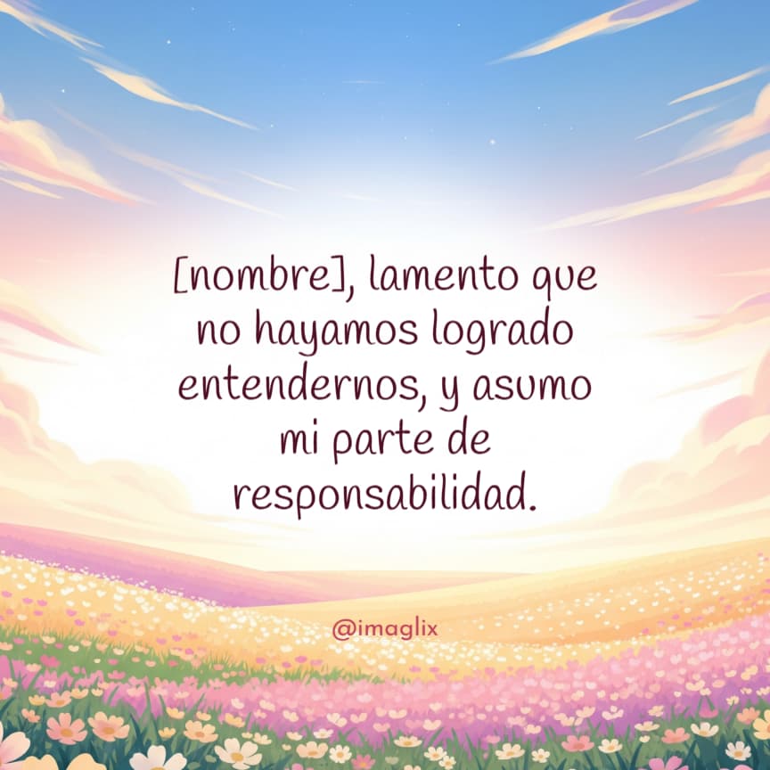 Frases para pedir perdón: NOMBRE, lamento que no hayamos logrado entendernos, y asumo mi parte de responsabilidad.
