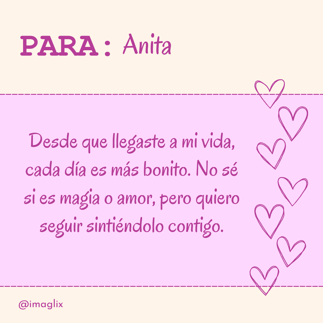 Frases para enamorar a una mujer: Para: NOMBRE

Desde que llegaste a mi vida, cada día es más bonito. No sé si es magia o amor, pero quiero seguir sintiéndolo contigo.