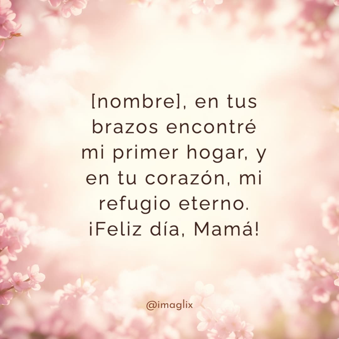 Frases para el día de las madres: NOMBRE,  en tus brazos encontré mi primer hogar, y en tu corazón, mi refugio eterno. ¡Feliz día, Mamá!
