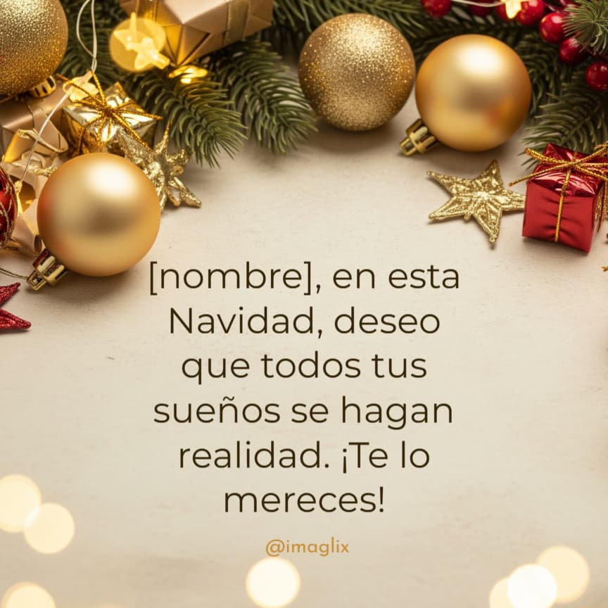 Frases bonitas de navidad: NOMBRE, en esta Navidad, deseo que todos tus sueños se hagan realidad. ¡Te lo mereces!